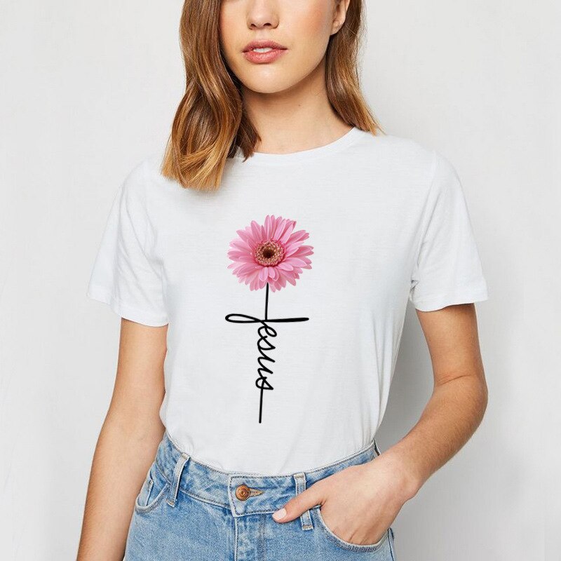 12_4ba31e4b-5f34-4f37-939b-006e1b80c864 2022 Summer Women Daisy Printed Jesus Cross T-Shirt
