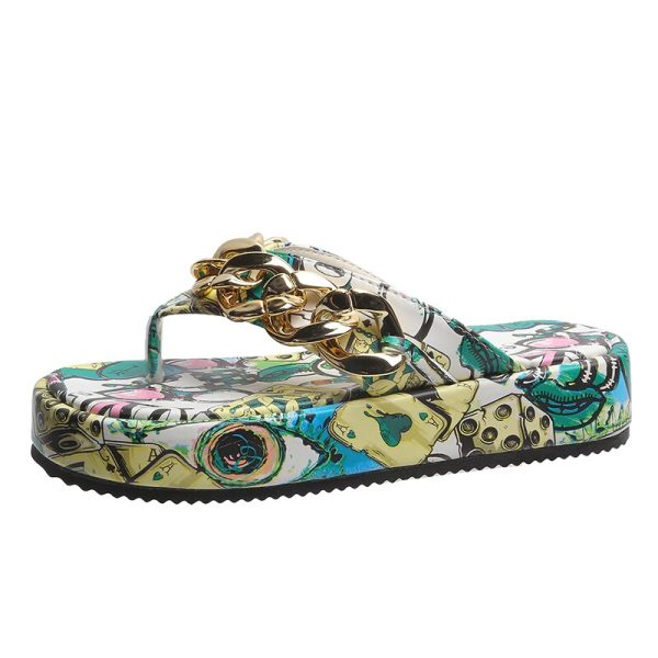 2022 NEW Women's Fashion Summer Graffiti Chain Flip-Flops Slippers - Image 7