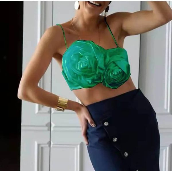 2022 NEW Women's Summer Fashion Satin Off Shoulder Crop Top - Image 3