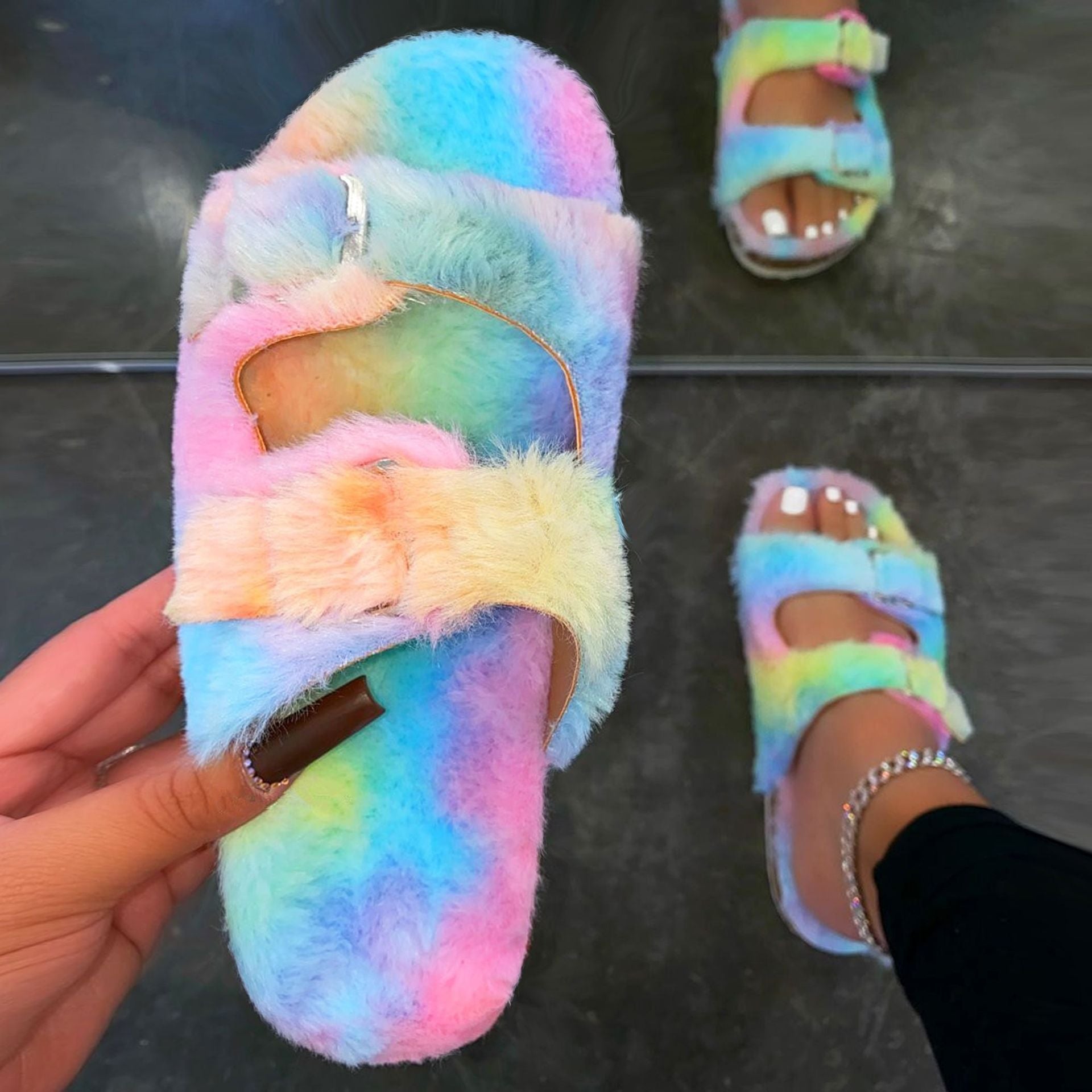 Rainbow_f511e7d5-6d97-440b-867e-f4910147f077 2022 NEW Women's Soft Plush Buckle Fluffy Slippers