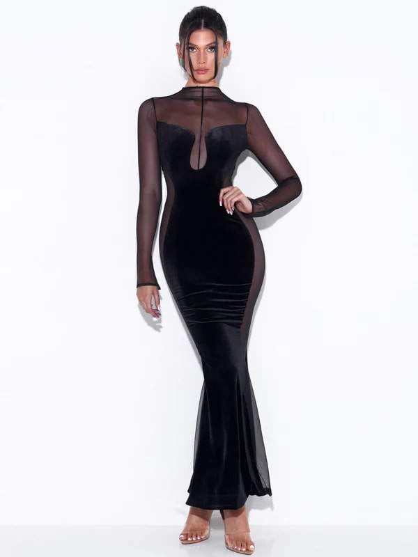 Paislee Black Velvet Mesh Long Sleeve Gown - Dzordz Shop