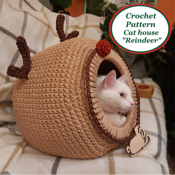 christmas reindeer crochet cat house (pdf instruction)