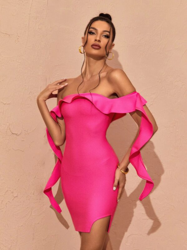 alivia off shoulder ruffle bandage dress in hot pink 4
