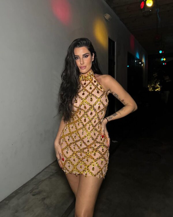 liora sequin crystal mini dress in gold 55