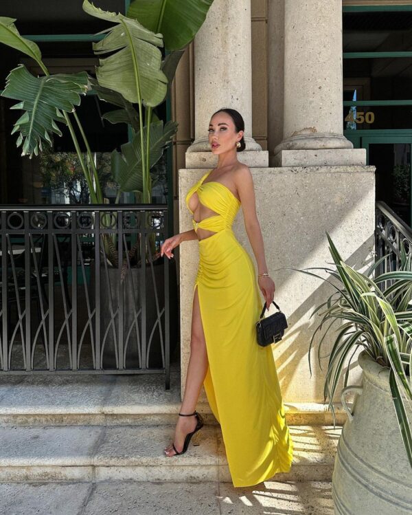 pansy one shoulder cutout maxi dress in yellow 2