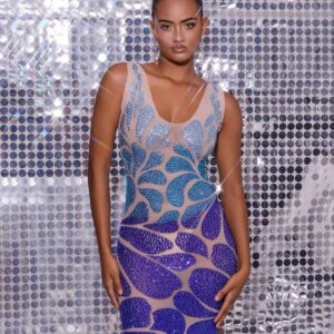 cairo crystal embellished mini dress in light nude & blue 1