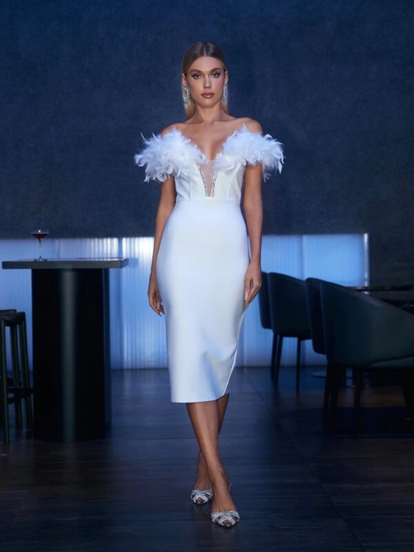 major off shoulder feather bandage dress in white 2