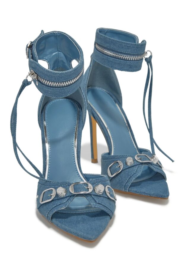 danni – ankle strap pointed toe high heels in denim 2