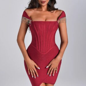 emerson crystal tassel off shoulder bandage dress wine red 1