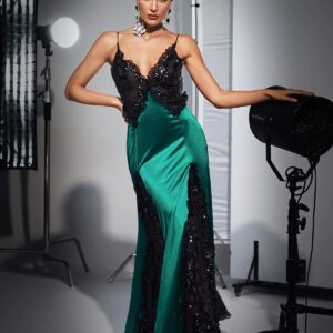 gossamer patchwork lace sequin satin dress in green 1