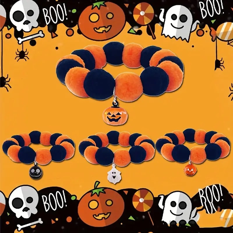 halloween pom pom pet collar with bell 1