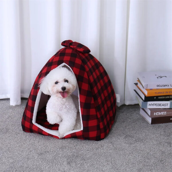 christmas plaid pattern pet house with removable cushion 2