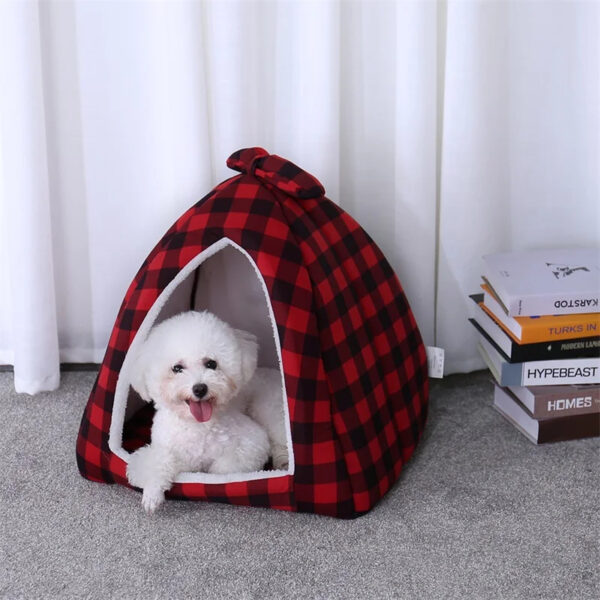 christmas plaid pattern pet house with removable cushion 3
