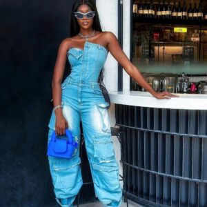 eden strapless pocket denim jumpsuit in blue 1