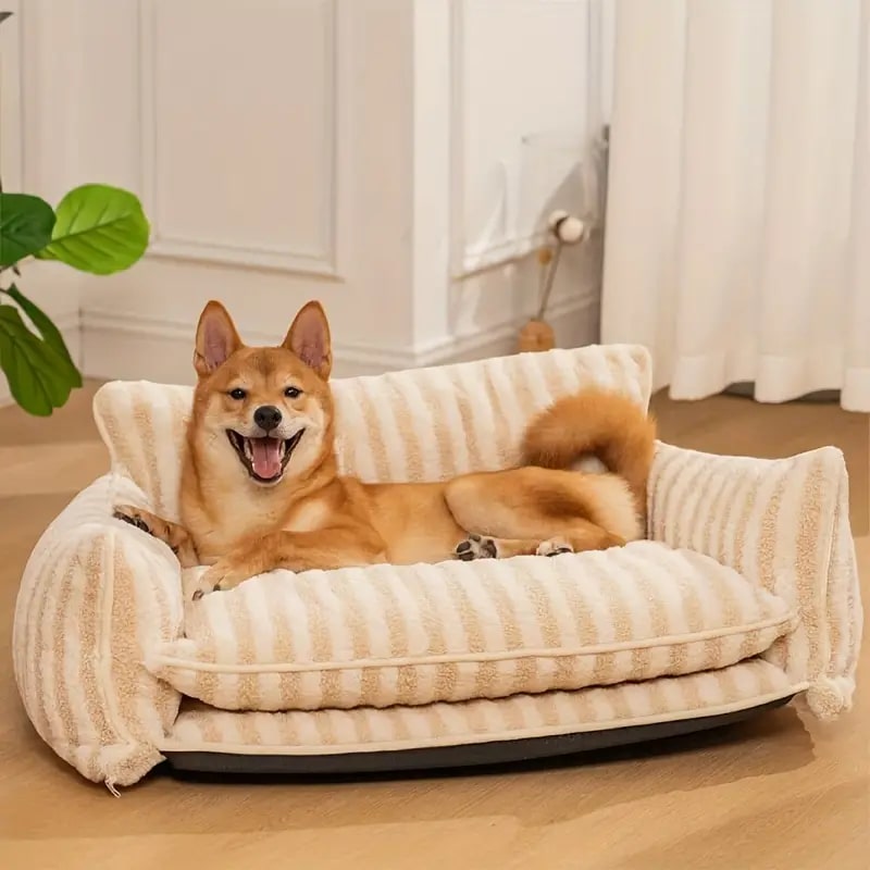 trendy striped faux lambswool double layer pet sofa bed 12