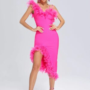hailey one shoulder feather midi dress – pink 1