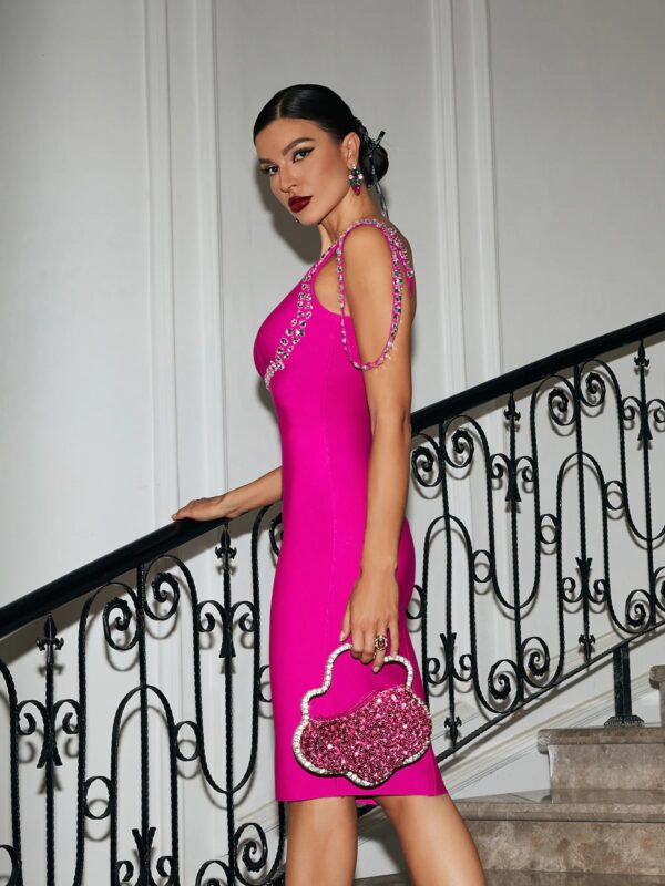 rainey crystal bandage midi dress in hot pink 4