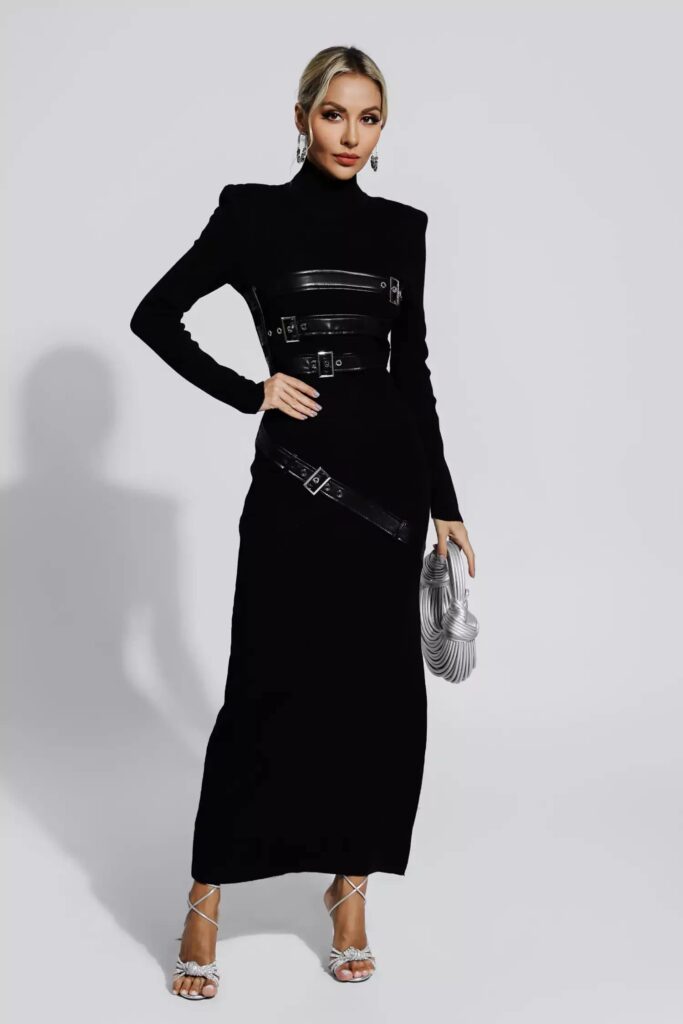 zelda pu leather belt buckle maxi dress 1