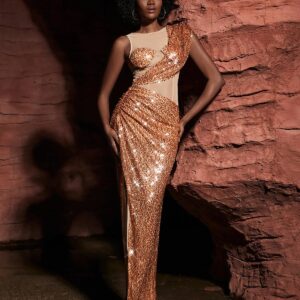 barnaby sequin asymmetric maxi dress in brown 1