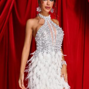 bronte halterneck pearl sequin feather mini dress 1