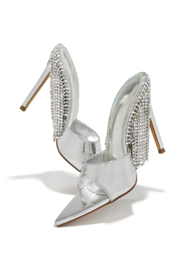 dangle embellished high heel mules in silver 2