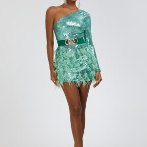 daria one shoulder sequin feather mini dress in green 1