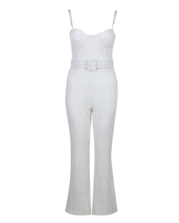 davian spaghetti sequin belted jumpsuit in white 600