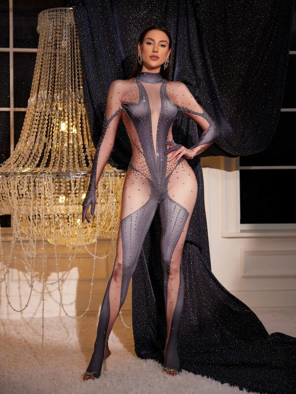 pera body printed rhinestone gloves jumpsuit in grey 2