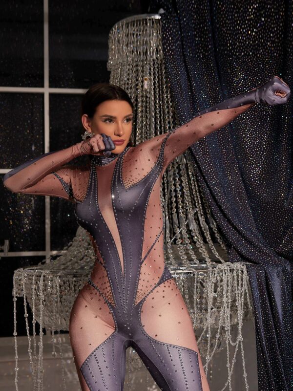 pera body printed rhinestone gloves jumpsuit in grey 5