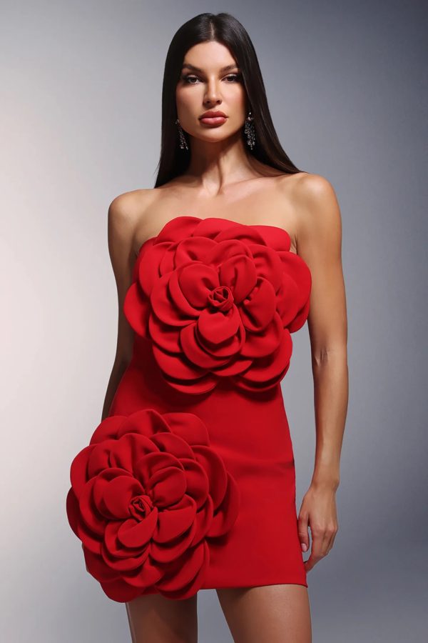 anwen strapless flower mini dress in red 200