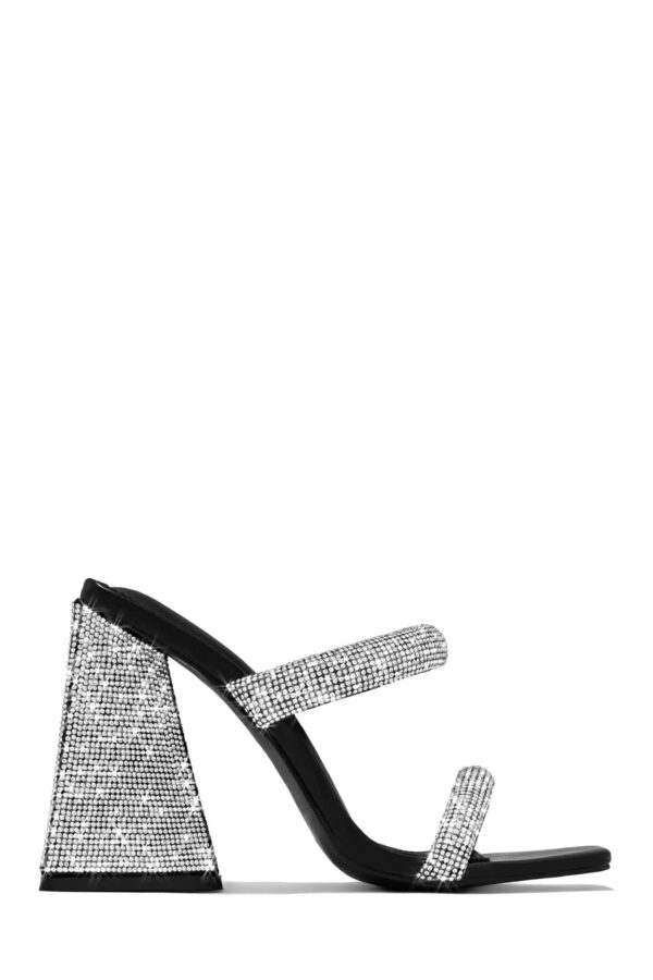 embellished triangle block heel mules in black 4