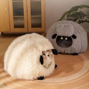 fully enclosed warm lamb shaped cat bed 1
