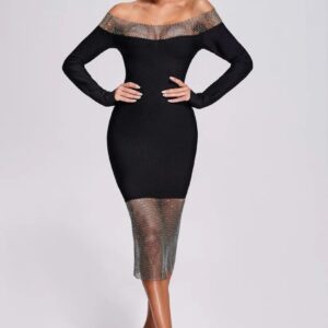 lucica off shoulder diamante mesh midi bandage dress 11