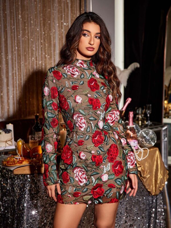 saige long sleeve rose embroidered mini dress in black 3