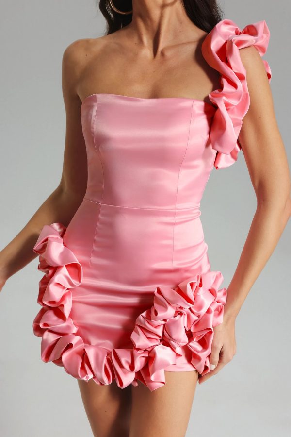 demi one shoulder satin mini dress pink 18