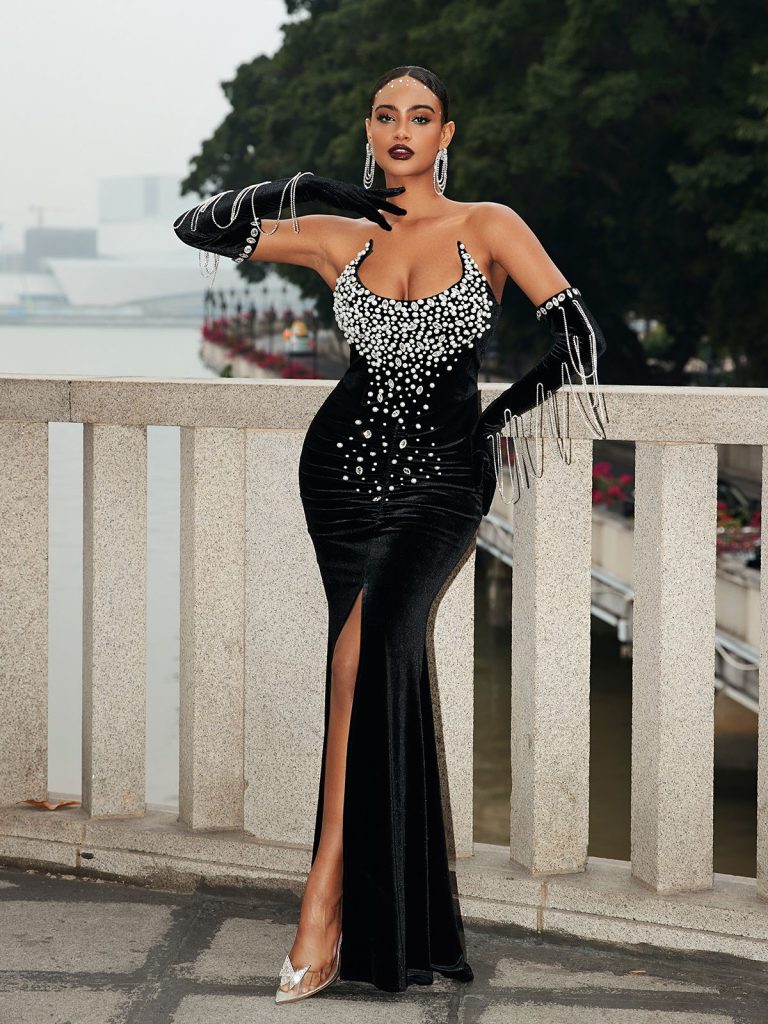 zev strapless rhinestone velvet dress with gloves 11