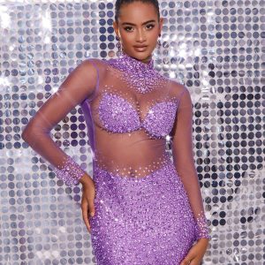 azami mesh crystal mini dress in purple 11