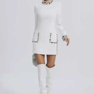slade long sleeve rhinestone embellished dress in white 11