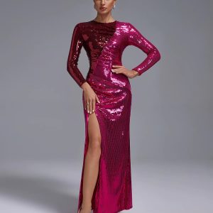 ruched sequined high slit maxi dress 12