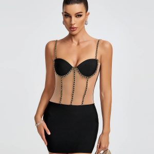 chain embellished straps mini bandage dress 11
