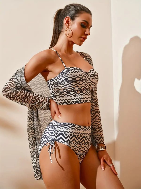 geometric print high stretch three piece bikini set 12