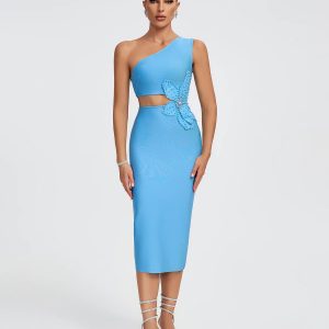 sky blue flower applique midi bandage dress 11