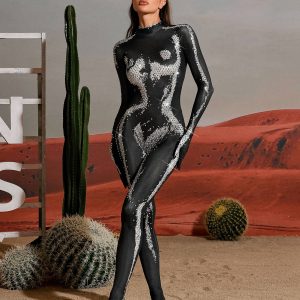 radek body printed rhinestone gloves jumpsuit in silver 11