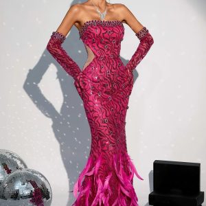 felicity feather maxi dress in rose red 11