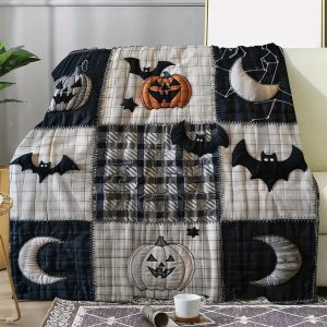 halloween themed bat, moon & pumpkin print flannel blanket 11