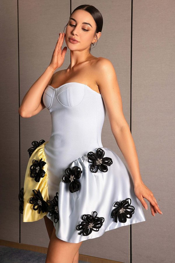 alaniade contrast color 3d flower strapless mini bandage dress 14