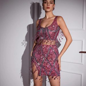 colette crystal chain fringe split skirt set in pink 11