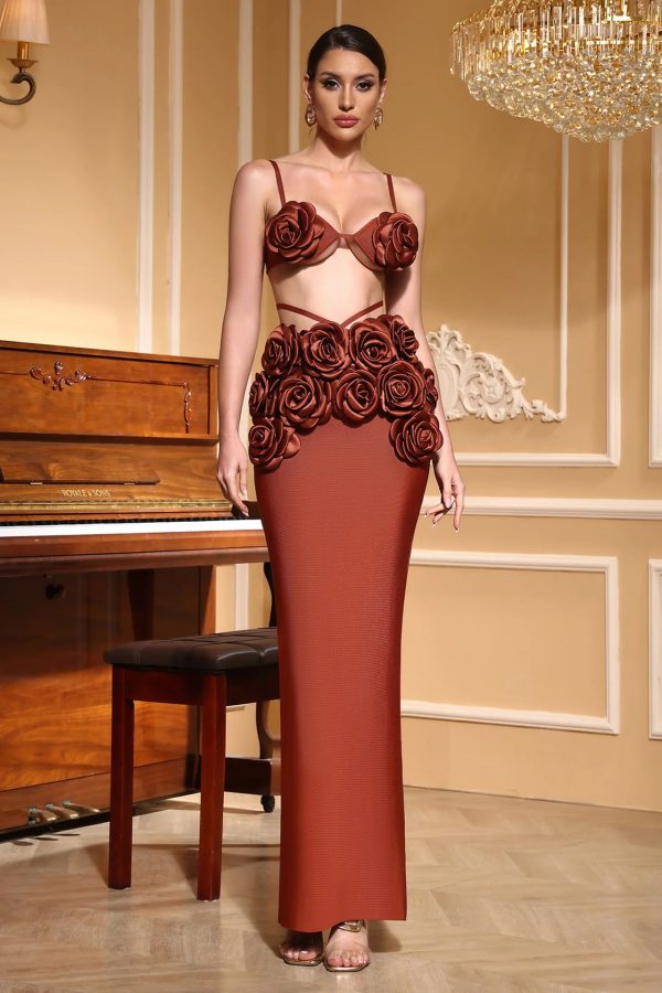irma flower bandage skirt set in brown 200