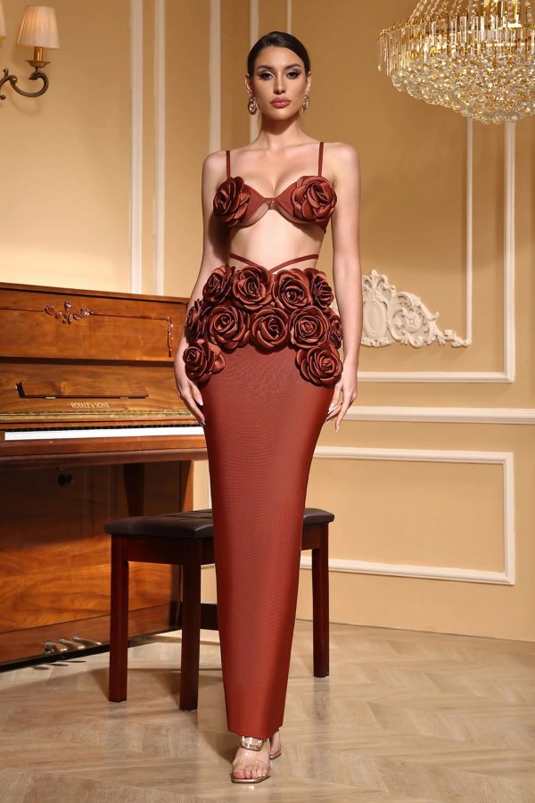 irma flower bandage skirt set in brown 300