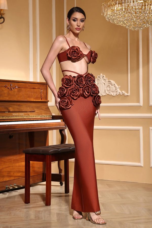 irma flower bandage skirt set in brown 400